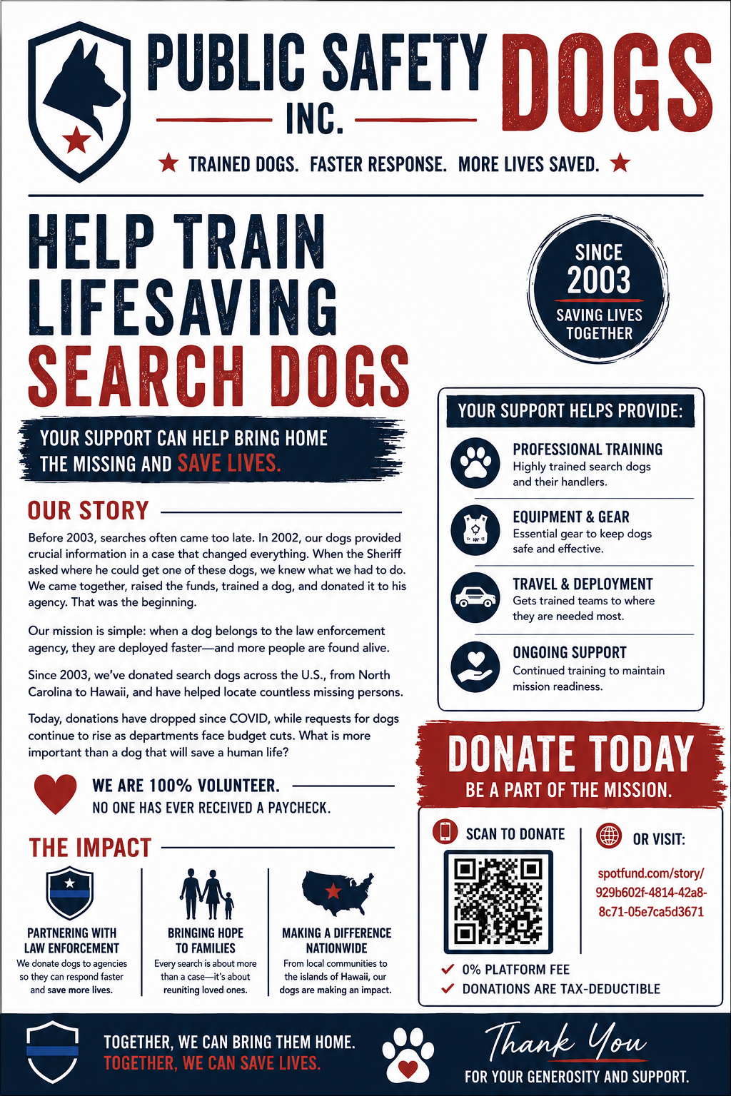 Public Safety Dogs, Inc. flyer: Help train lifesaving search dogs — 100% volunteer, donations fund training, gear, travel, and ongoing support.