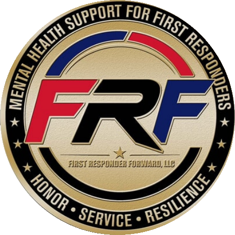 Front of the First Responder Forward challenge coin: FRF logo with the words Mental Health Support For First Responders, Honor, Service, Resilience